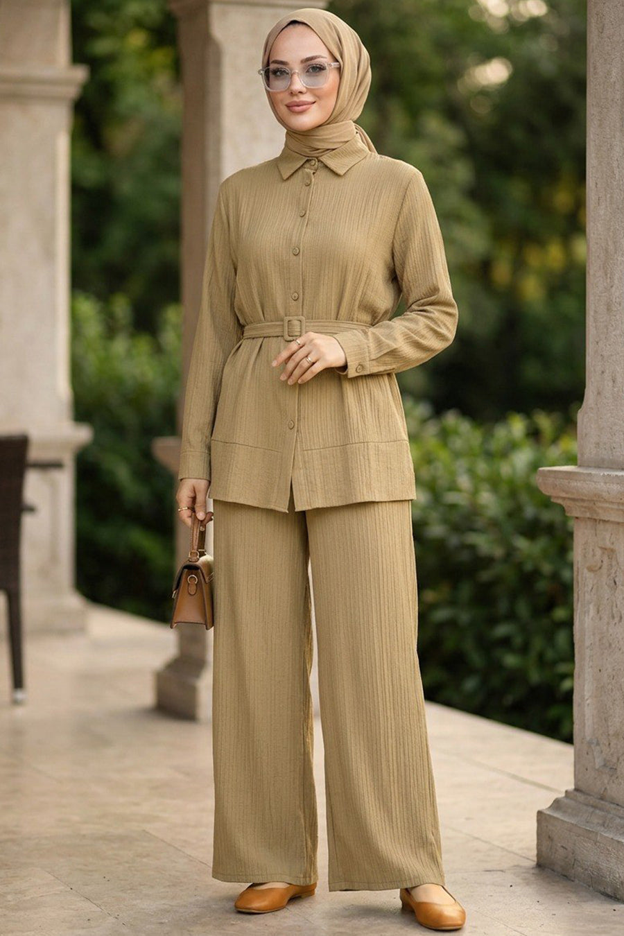 Buttoned Light Khaki Modest Two-Piece Set 20374AHK