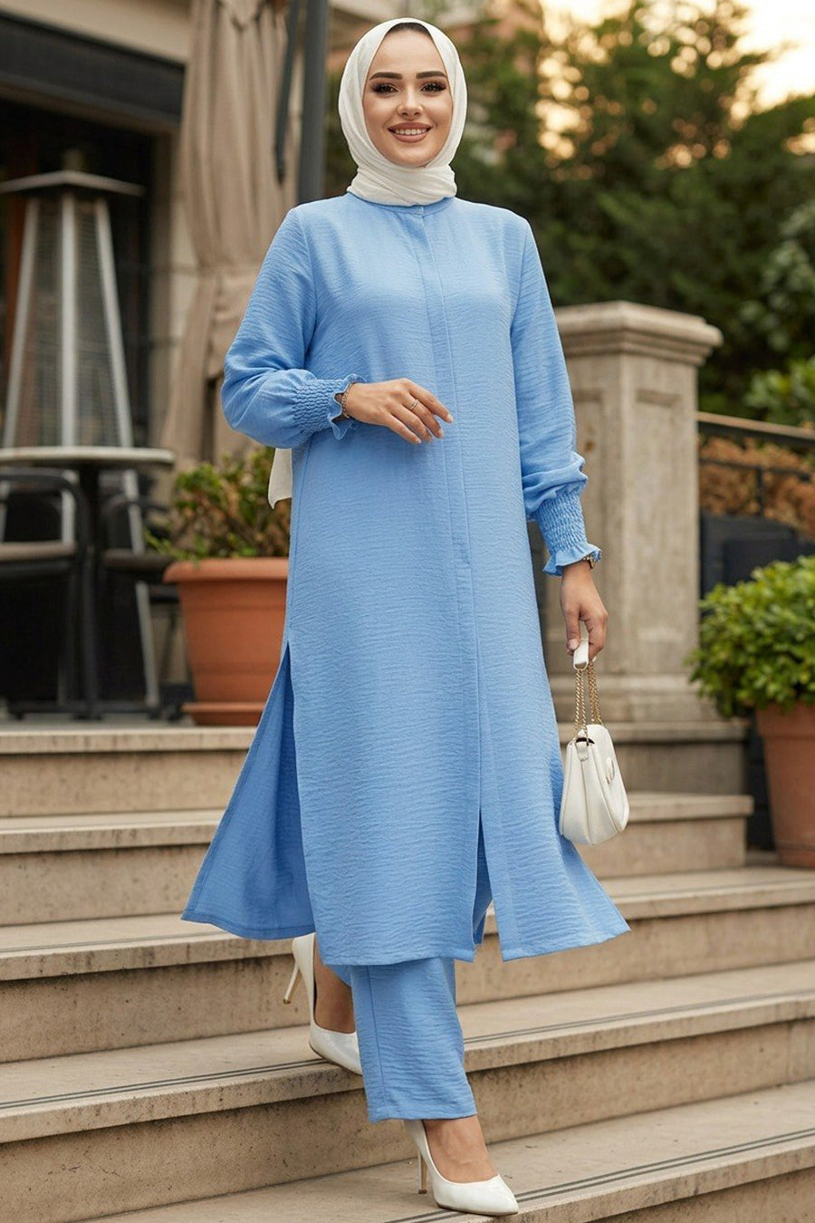 Buttoned Baby Blue Modest Two-Piece Set 12591BM