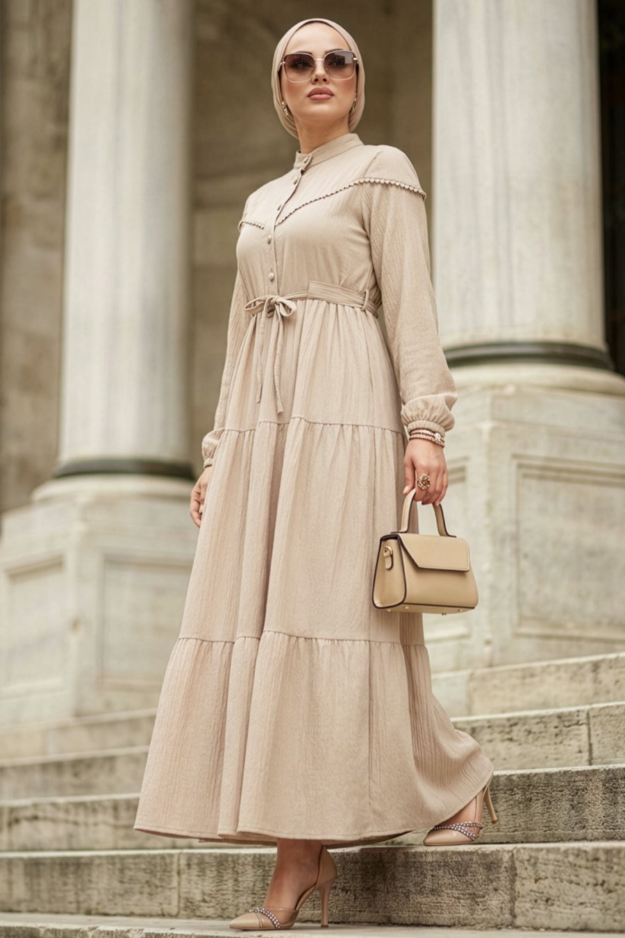 Buttoned Beige Modest Dress 10213BEJ