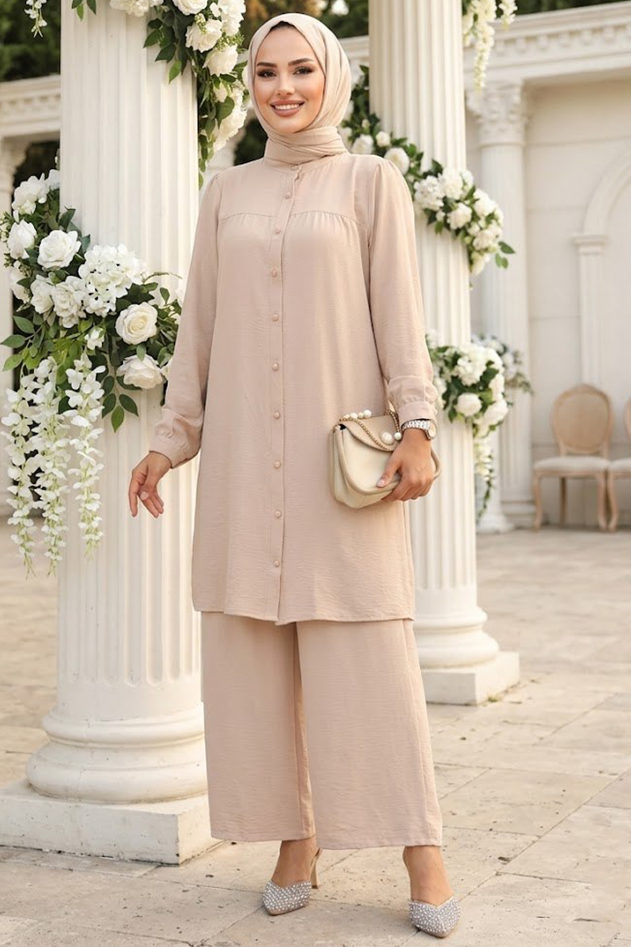Buttoned Beige Two-Piece Modest Set 12172BEJ