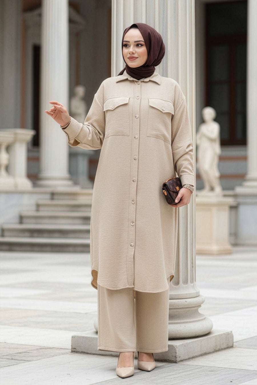 Buttoned Beige Two-Piece Modest Set 44661BEJ