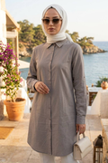 Buttoned Beige Modest Tunic 11751BEJ
