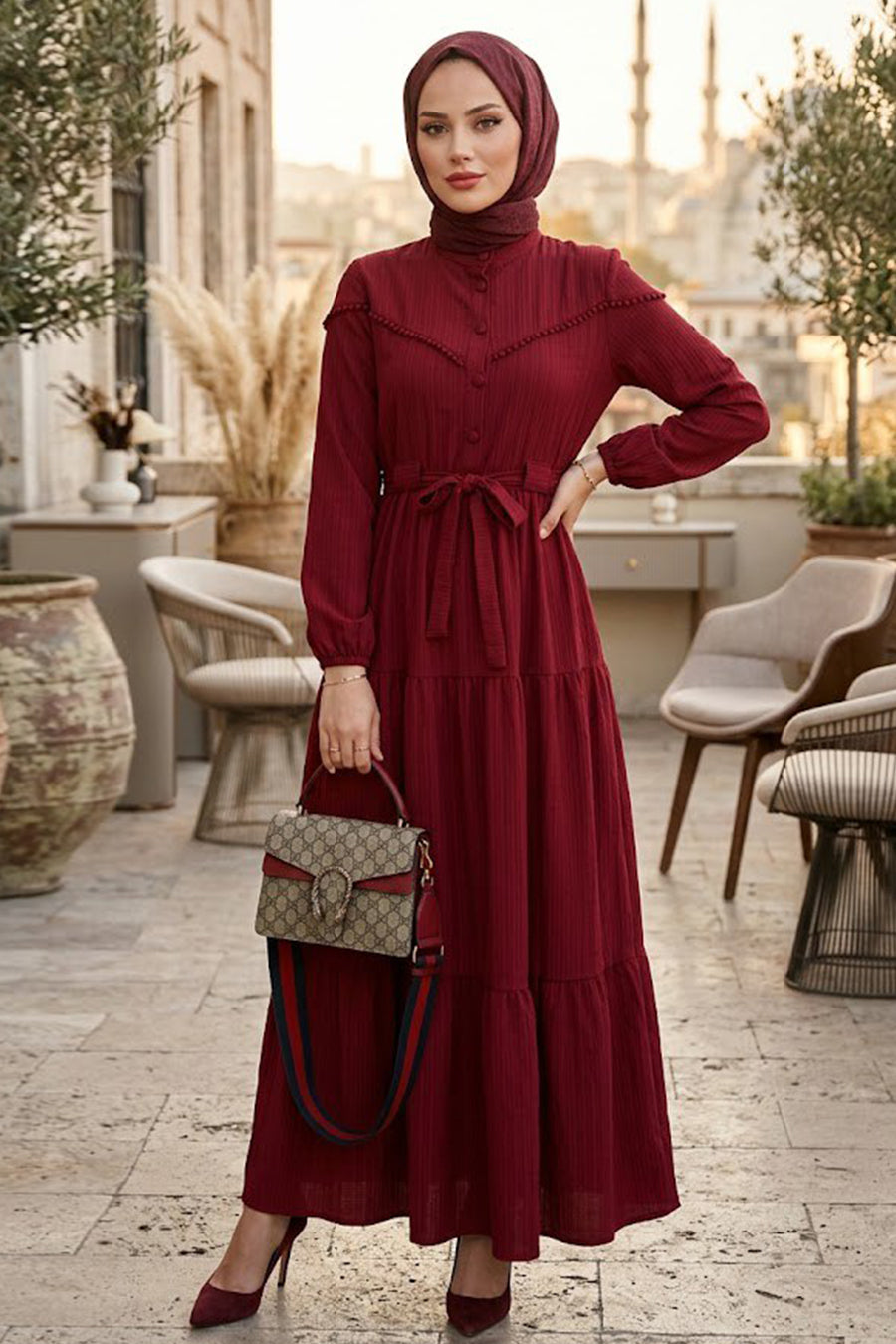 Buttoned Burgundy Modest Dress 10213BR