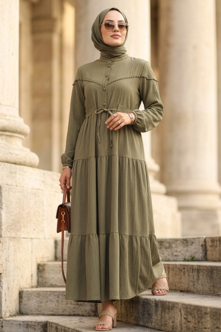 Buttoned Almond Green Modest Dress 10213CY