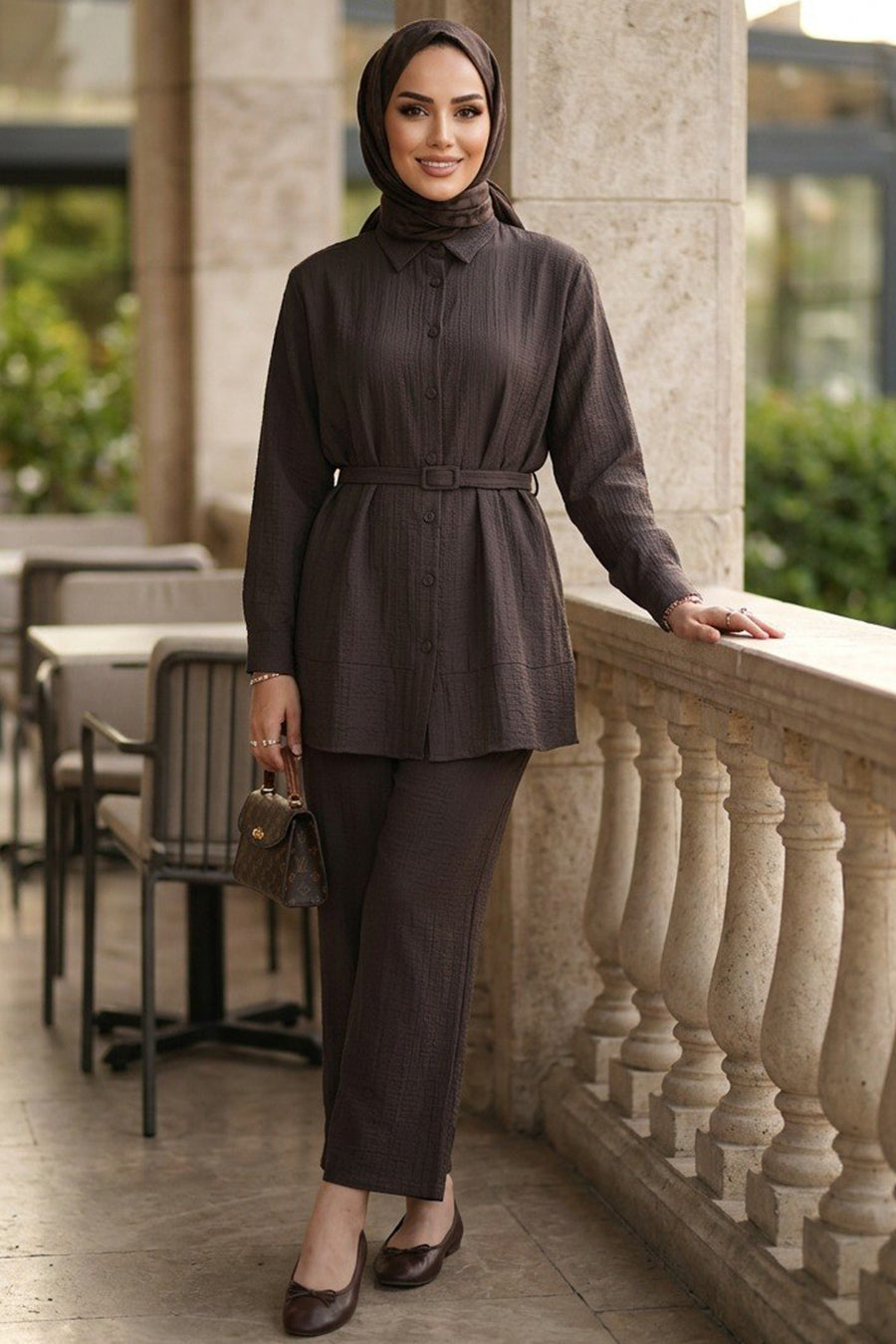 Buttoned Smoke Two-Piece Modest Set 20374FU