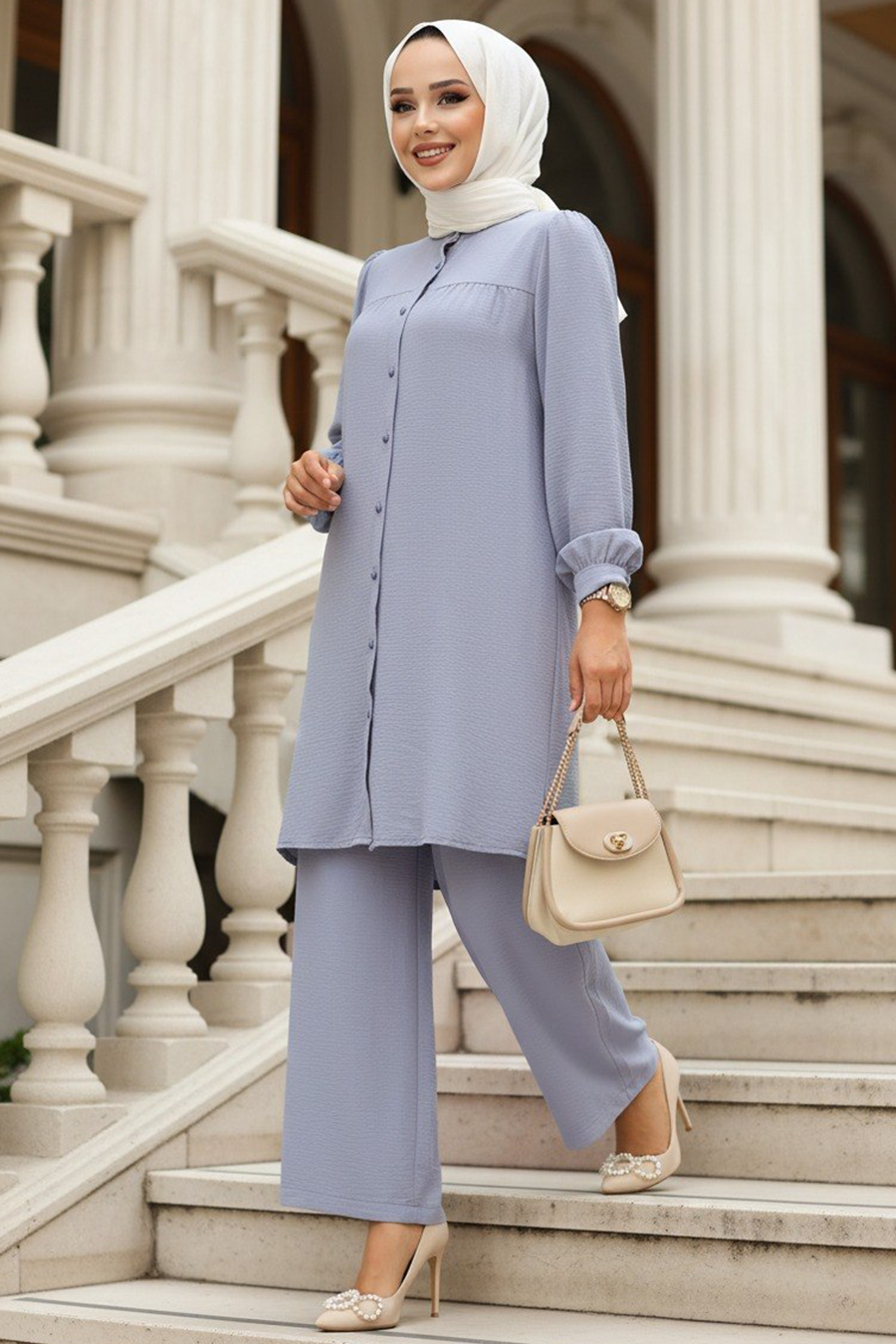 Buttoned Grey Two-Piece Modest Set 12172GR