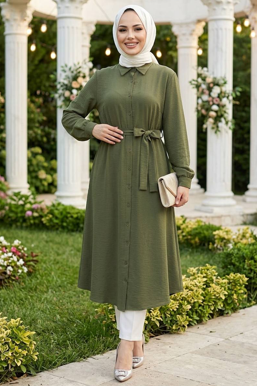 Buttoned Khaki Modest Tunic 32172HK