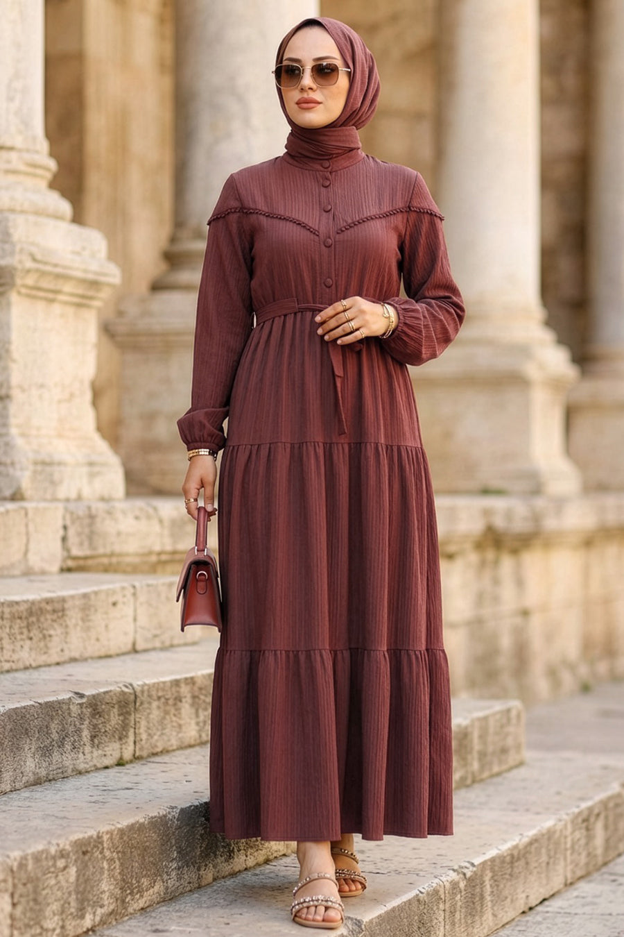 Buttoned Brown Modest Dress 10213KH