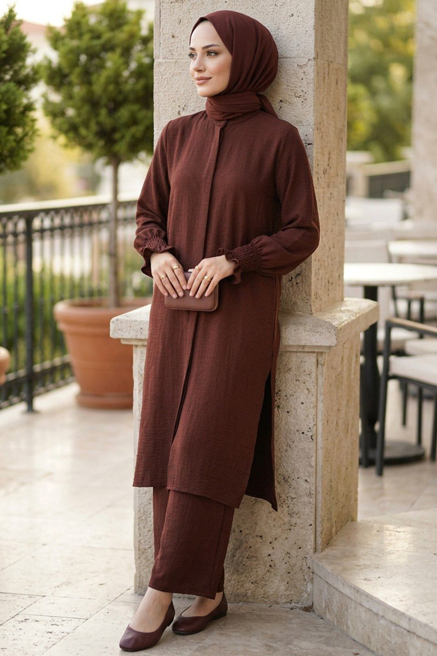 Buttoned Brown Modest Two-Piece Set 12591KH