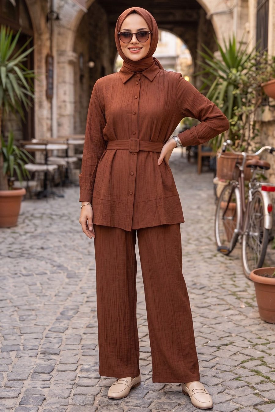 Buttoned Brown Two-Piece Modest Set 20374KH