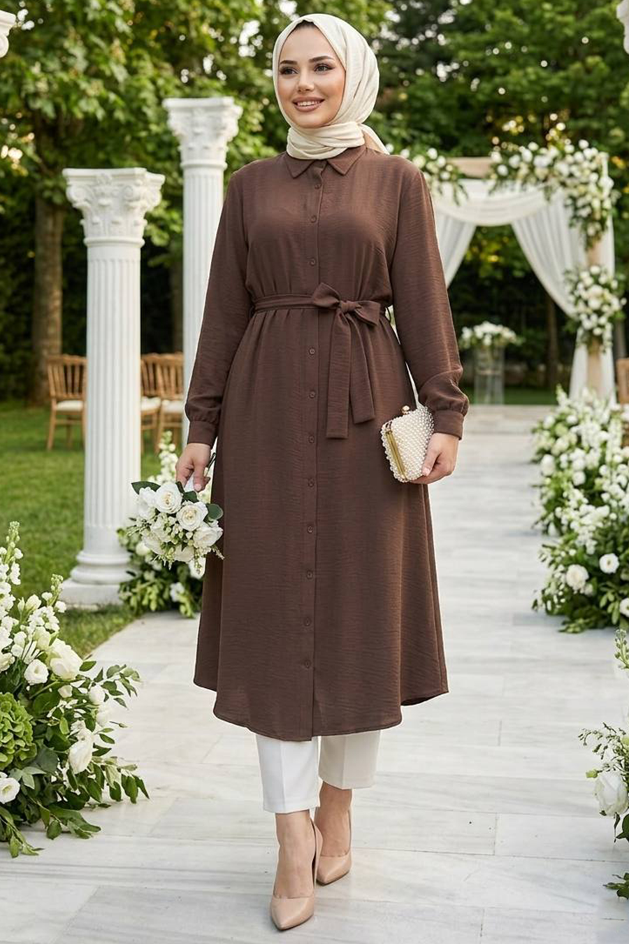 Buttoned Brown Modest Tunic 32172KH