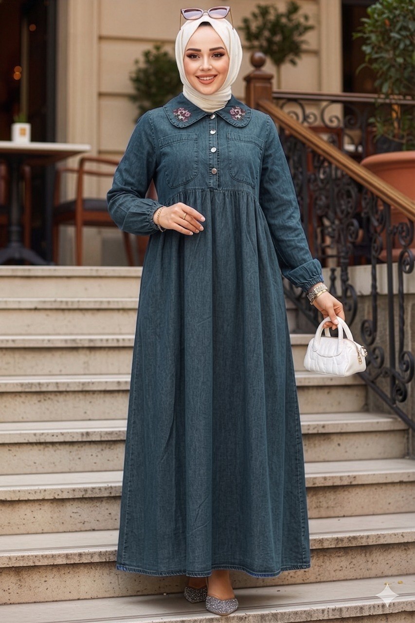 Buttoned Denim Dark Blue Modest Dress 19138KM