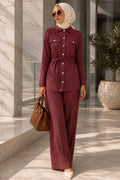 Buttoned Dark Burgundy Modest Two-Piece Set 62961KBR