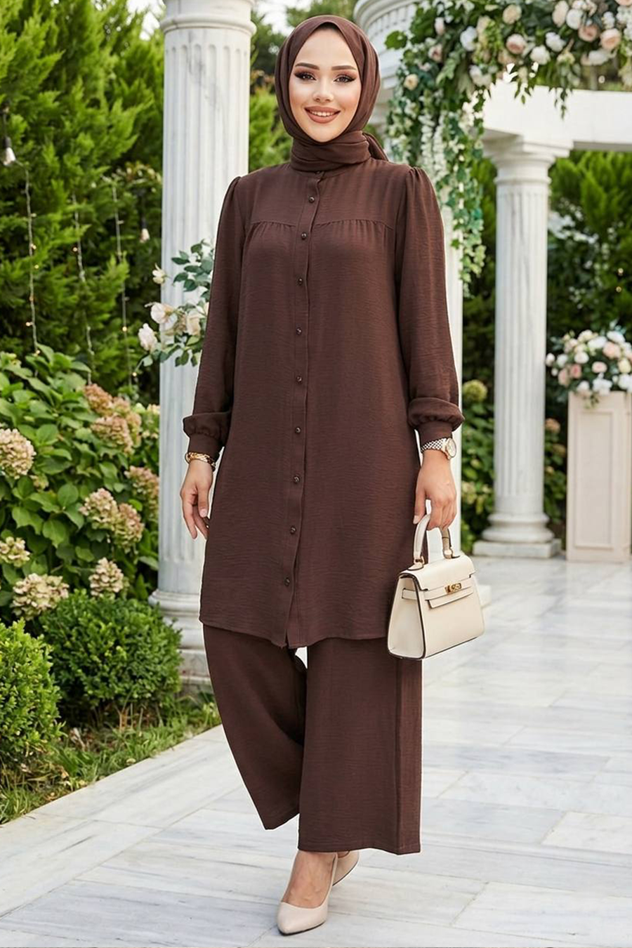 Buttoned Dark Brown Two-Piece Modest Set 12172KKH