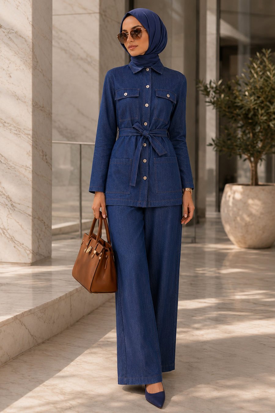 Buttoned Dark Navy Modest Two-Piece Set 62961KL