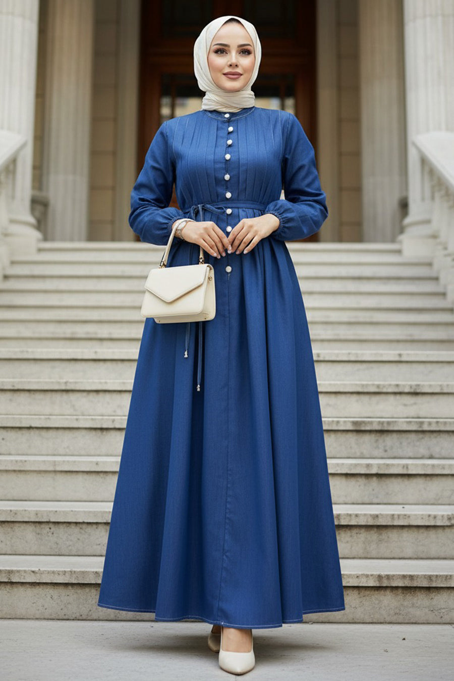 Buttoned Dark Blue Modest Denim Dress 19175KM