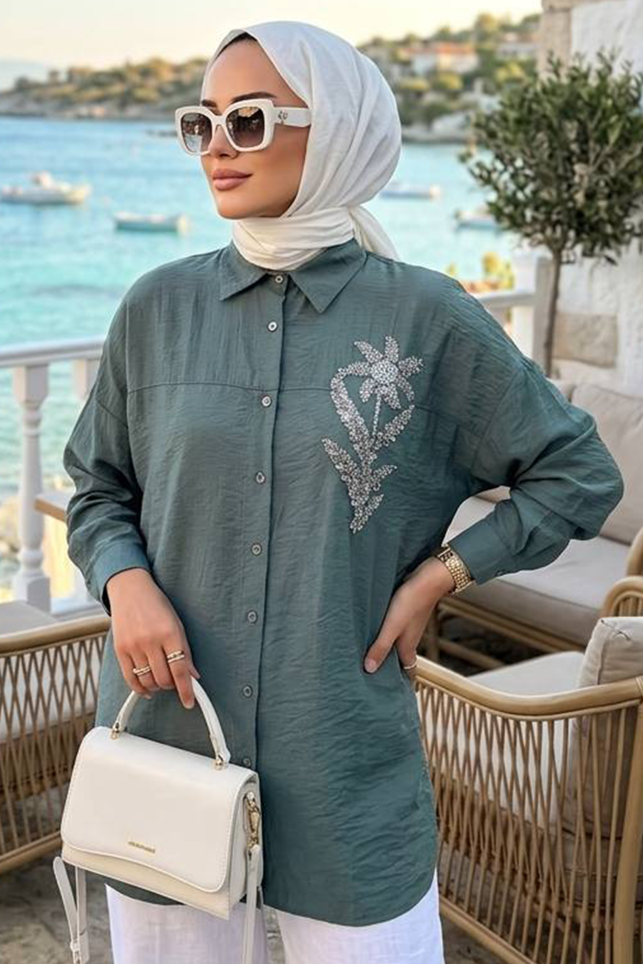 Buttoned Dark Mint Modest Shirt 10084KMINT