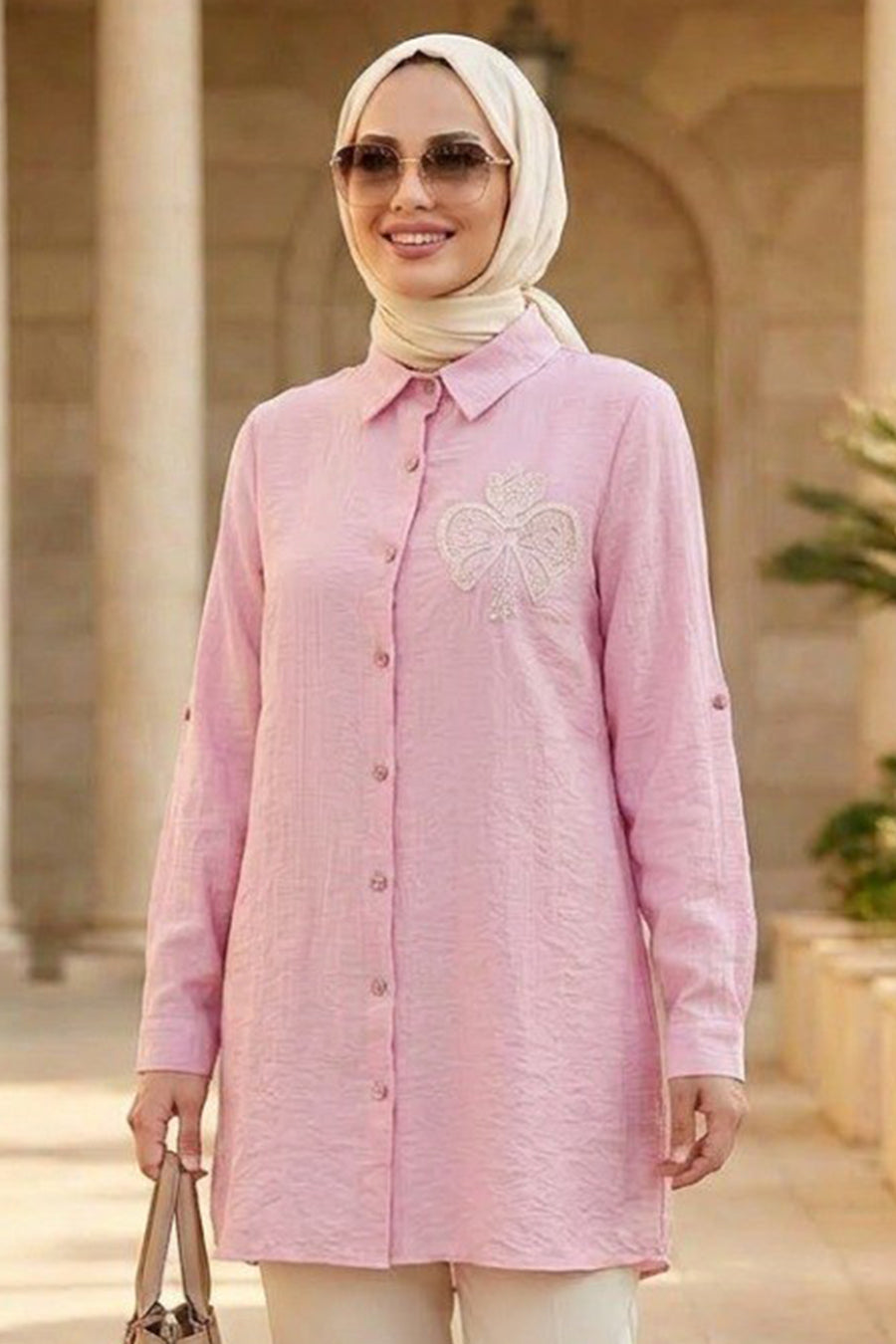 Buttoned Pink Textured Modest Tunic 11201P