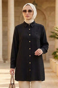 Buttoned Black Textured Modest Tunic 11201S