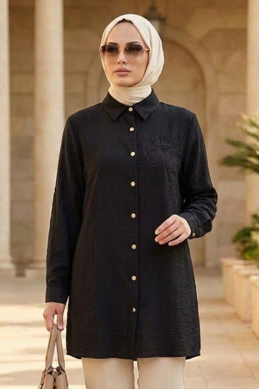 Buttoned Black Textured Modest Tunic 11201S