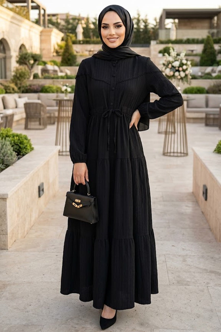 Buttoned Black Modest Dress 10213S