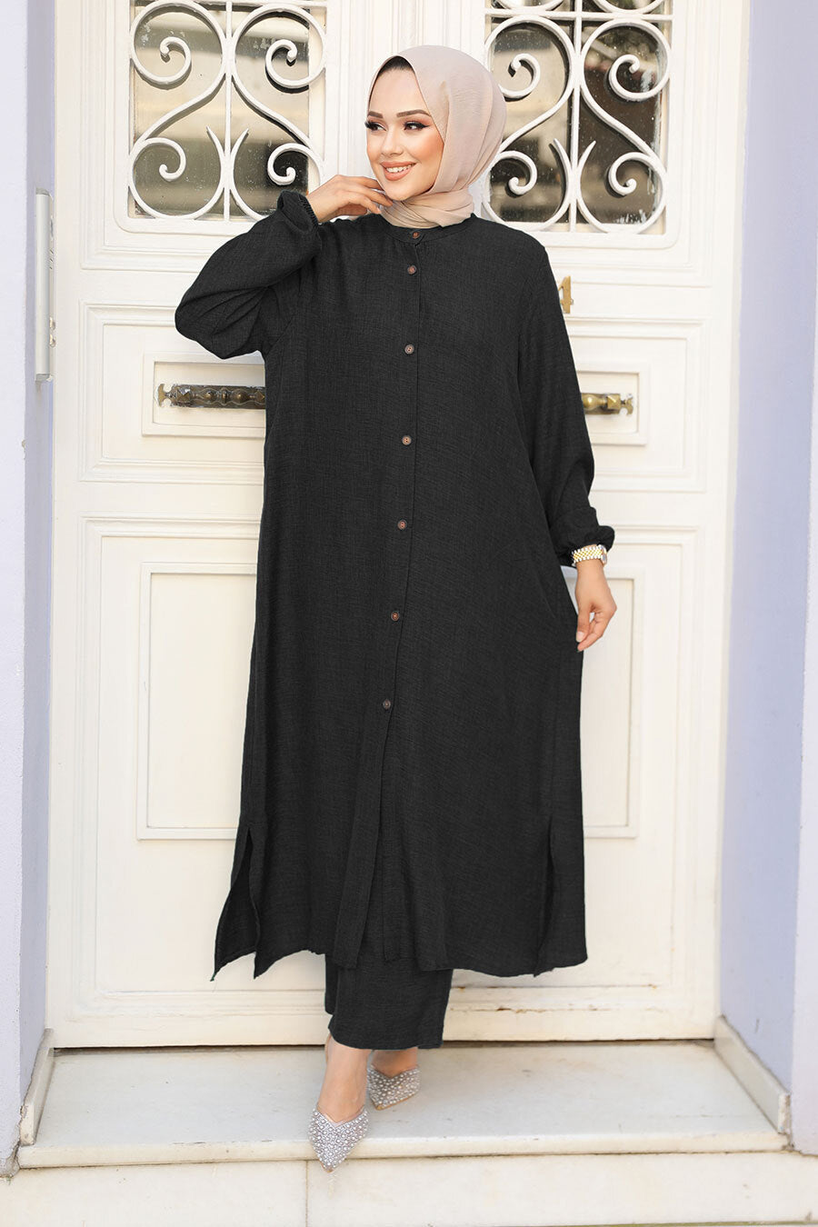 Buttoned Black Modest Two-Piece Set 19017S