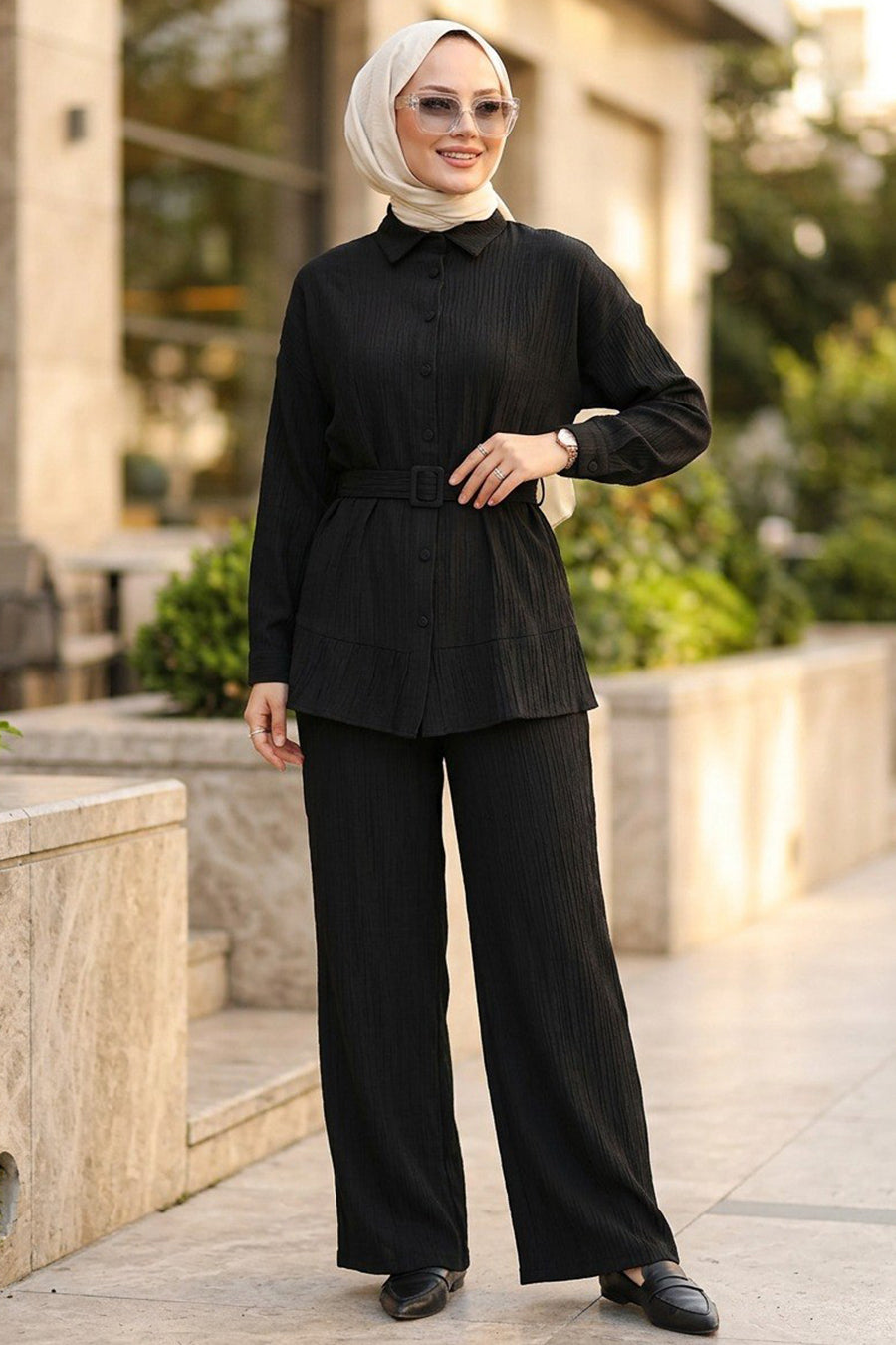 Buttoned Black Modest Two-Piece Set 20374S