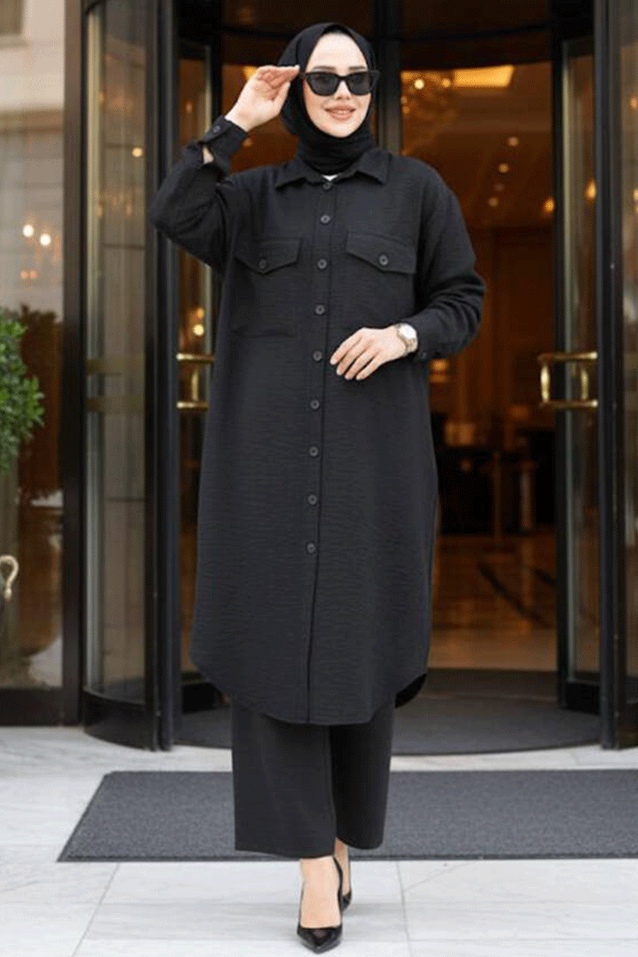 Buttoned Black Two-Piece Modest Set 44661S