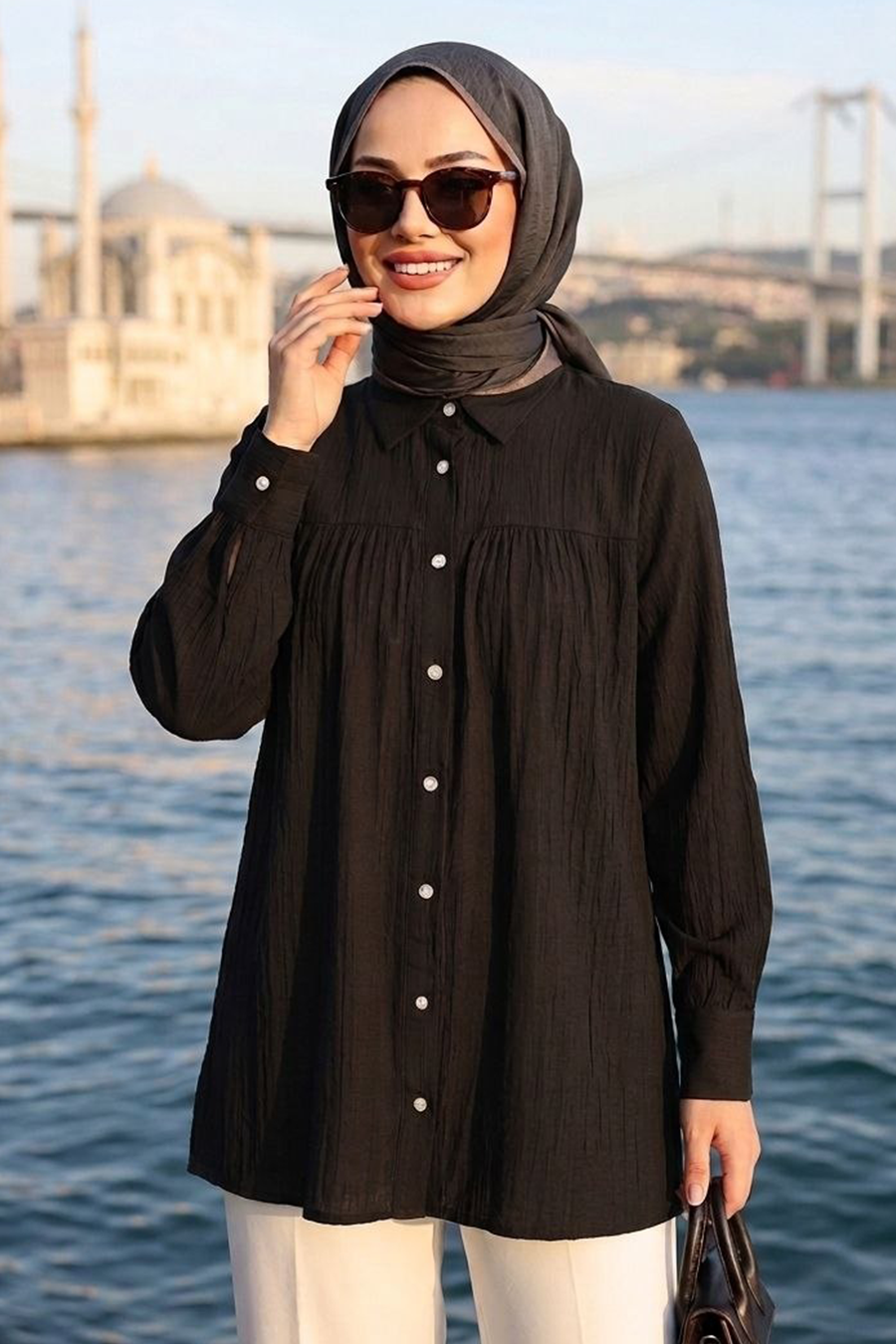 Buttoned Black Modest Tunic 10682S