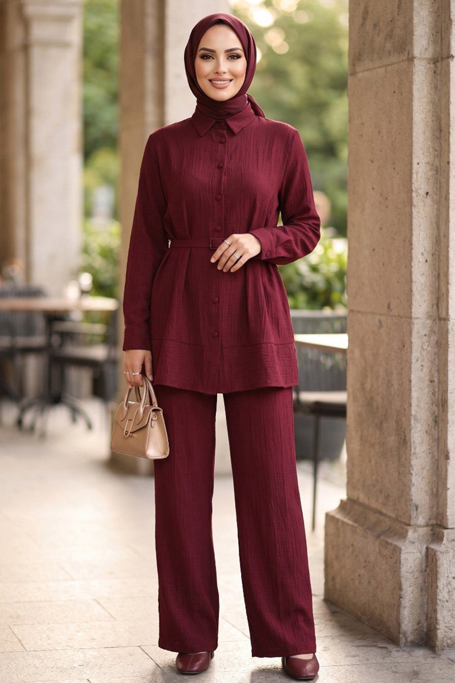 Buttoned Cherry Two-Piece Modest Set 20374VSN
