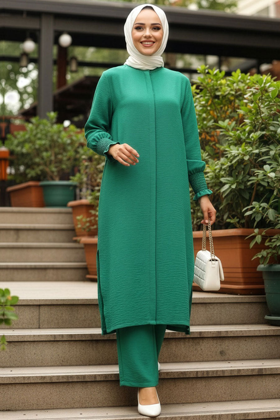 Buttoned Green Two-Piece Modest Set 12591Y