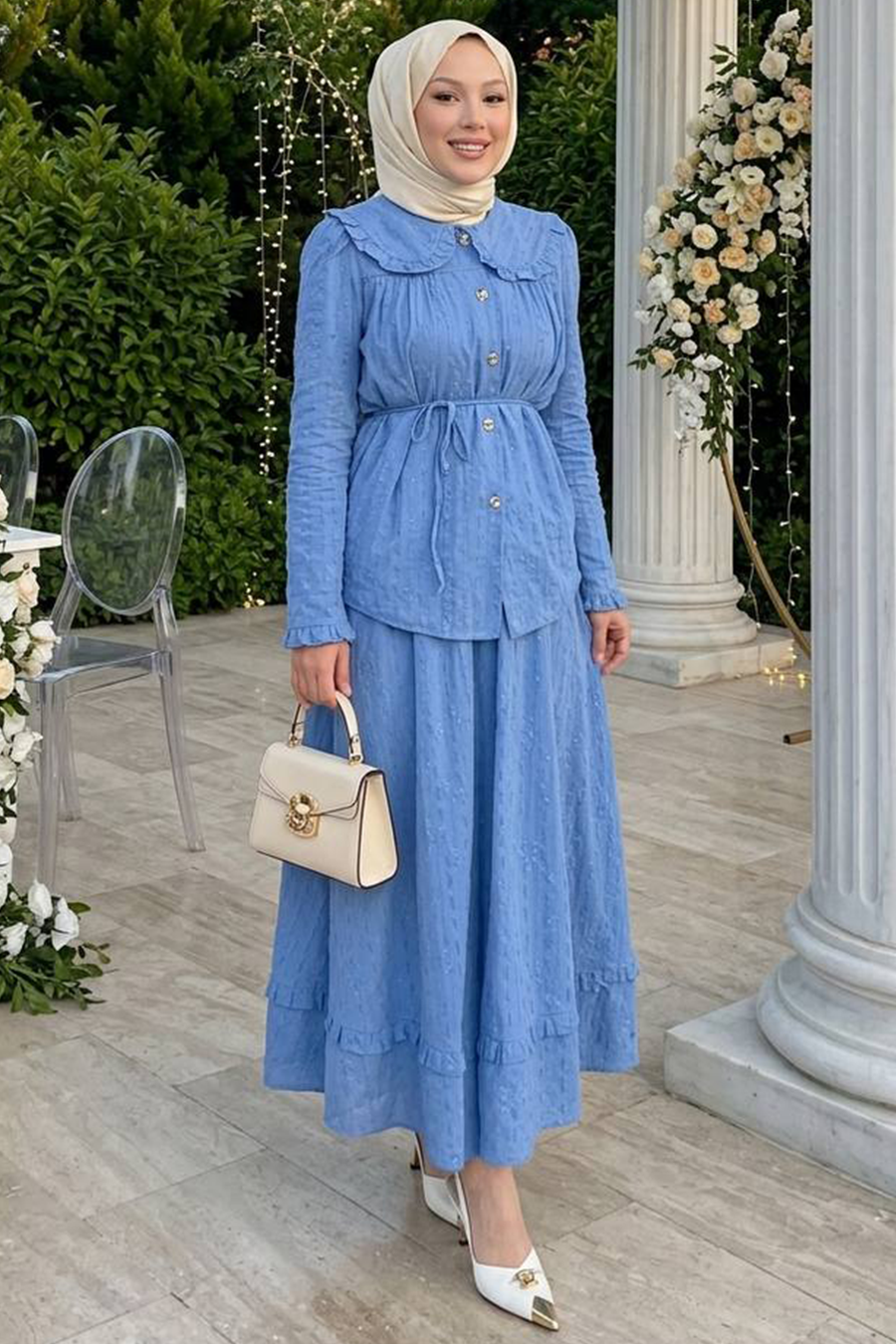 Skirted Blue Modest Two-Piece Set 20183M