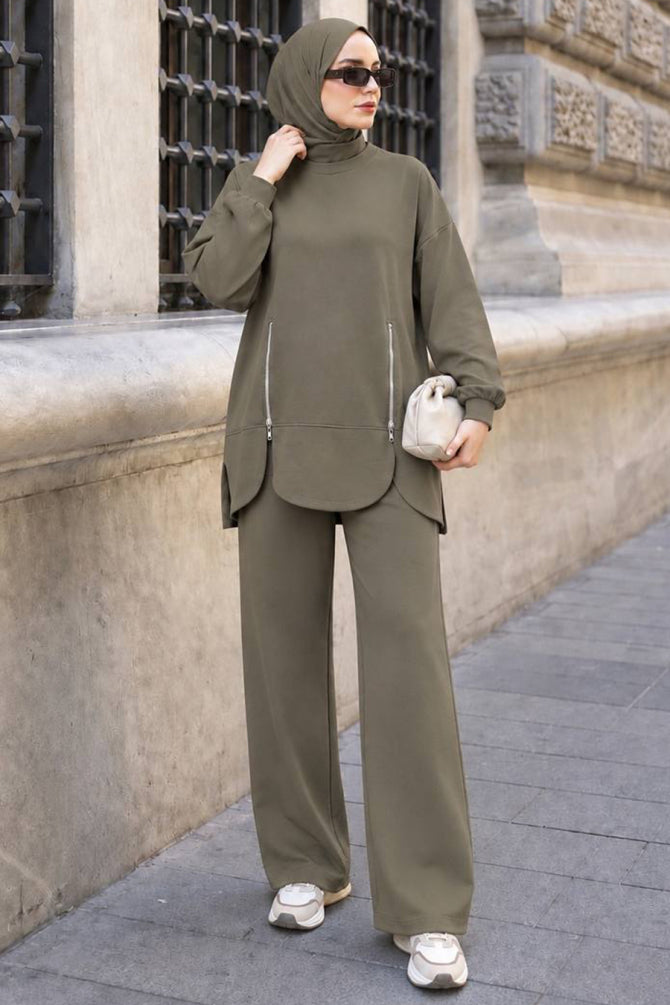 Light khaki zip-pocket detail modest trouser two-piece set 3040AHK wholesale Turkey fall winter