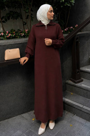 Zip-Collar Brown Modest Knit Dress 30071KH