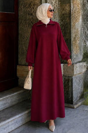 Zip-Collar Cherry Modest Knit Dress 30071VSN