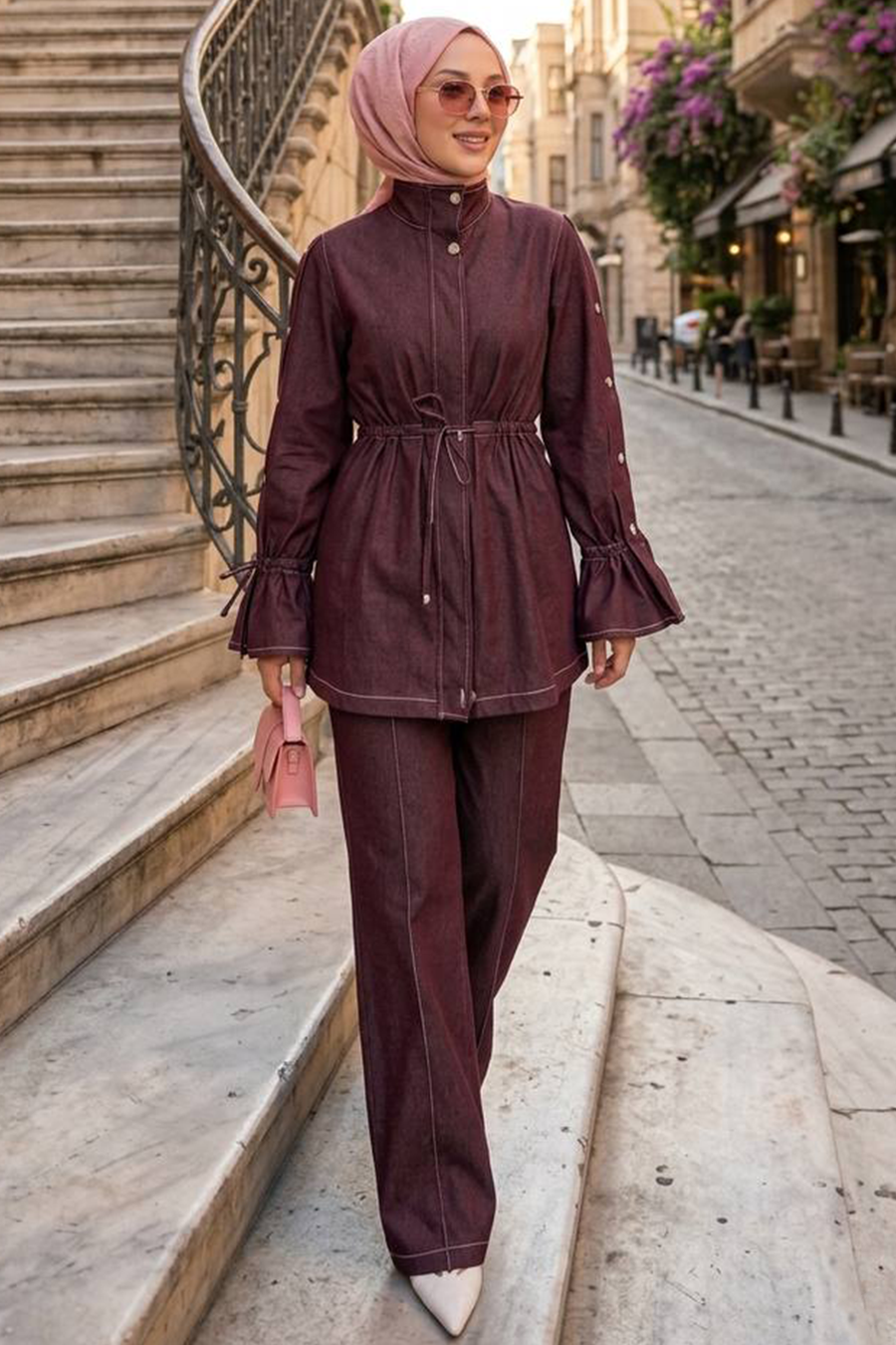 Zippered Burgundy Modest Denim Two-Piece Set 20123BR