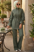 Zippered Khaki Modest Denim Two-Piece Set 20123HK