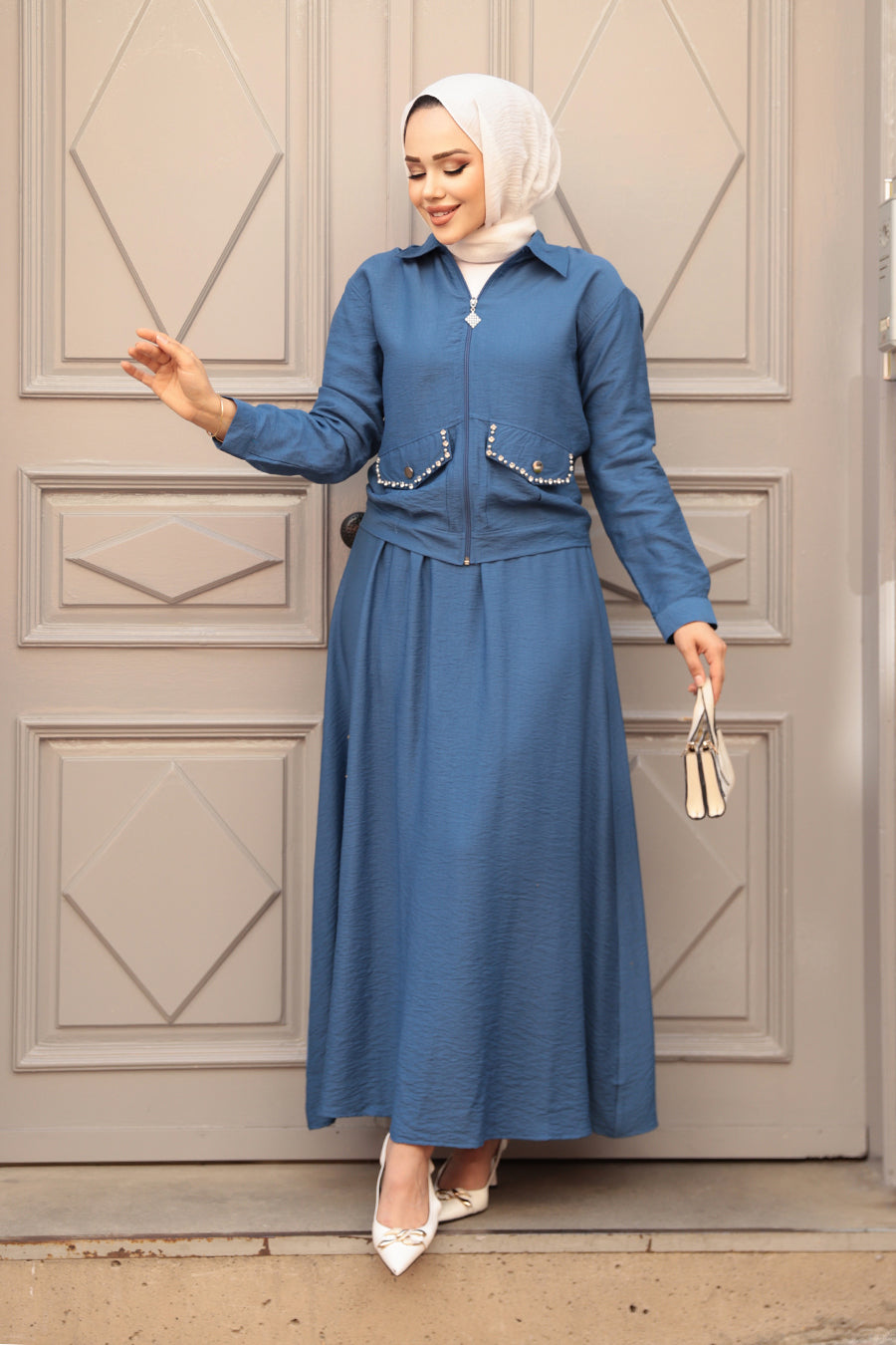 Zippered Indigo Blue Skirted Two-Piece Modest Set 44751IM