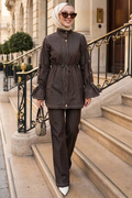 Zippered Brown Modest Denim Two-Piece Set 20123KH