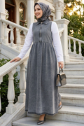 Zippered Denim Anthracite Modest Pinafore Dress 19135ANT