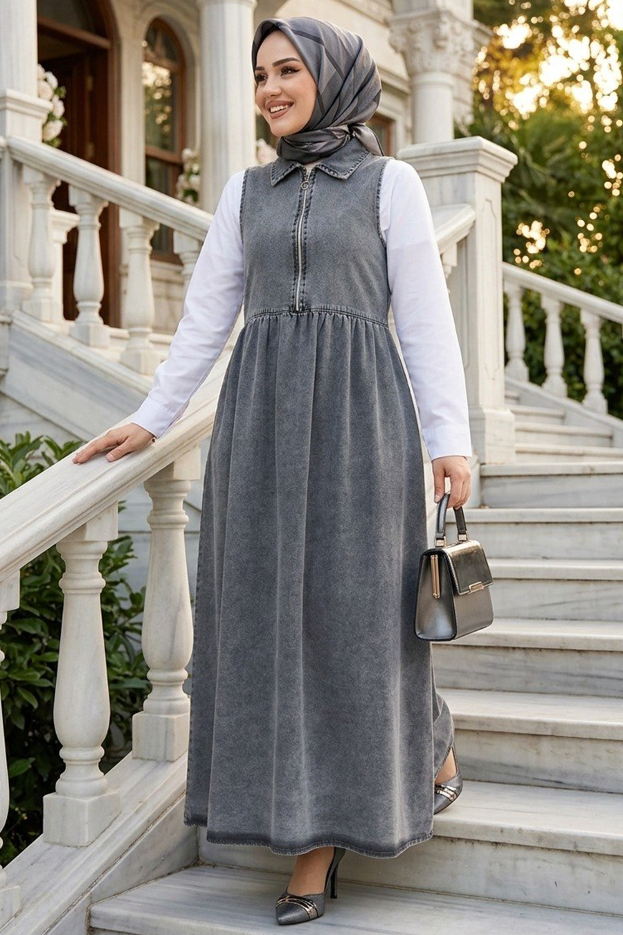 Zippered Denim Anthracite Modest Pinafore Dress 19135ANT