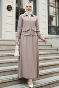 Zippered Dark Beige Skirted Two-Piece Modest Set 44751KBEJ