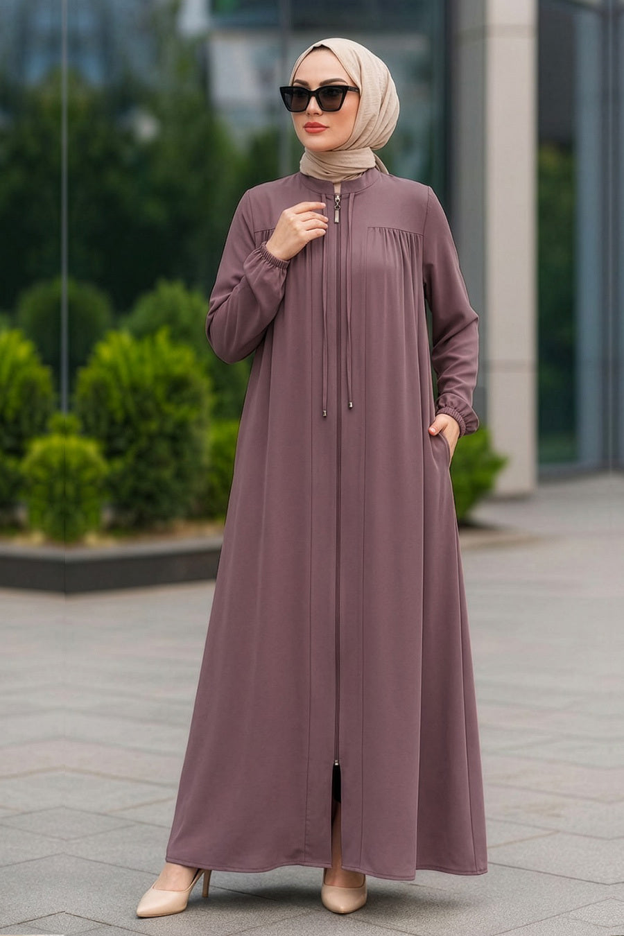 Zippered Lilac Ferace Modest Abaya 45290LILA