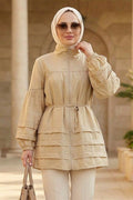 Ruffle-Detailed Zippered Beige Modest Tunic 15131BEJ
