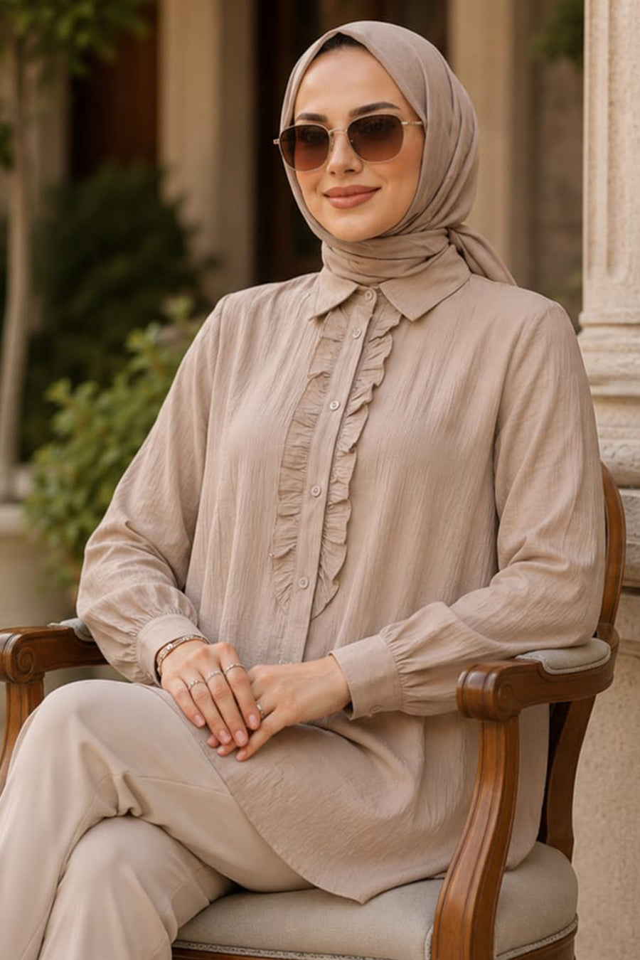Ruffle-Detailed Beige Modest Shirt 10931BEJ