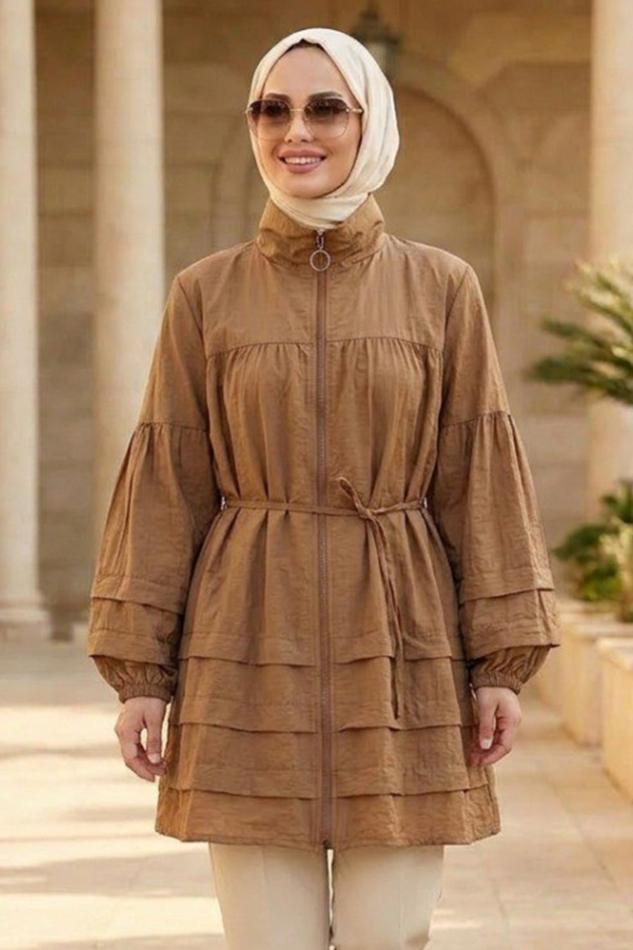 Ruffle-Detailed Zippered Camel Modest Tunic 15131C