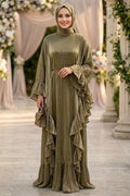 Khaki Ruffle-Detail Belted Luxury Modest Evening Dress 5740HK