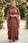 Brown Ruffle-Detail Belted Luxury Modest Evening Dress 5740KH