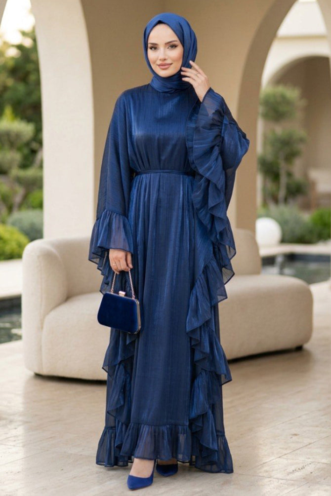 Navy Blue Ruffle-Detail Belted Luxury Modest Evening Dress 5740L