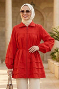 Ruffle-Detailed Zippered Red Modest Tunic 15131K